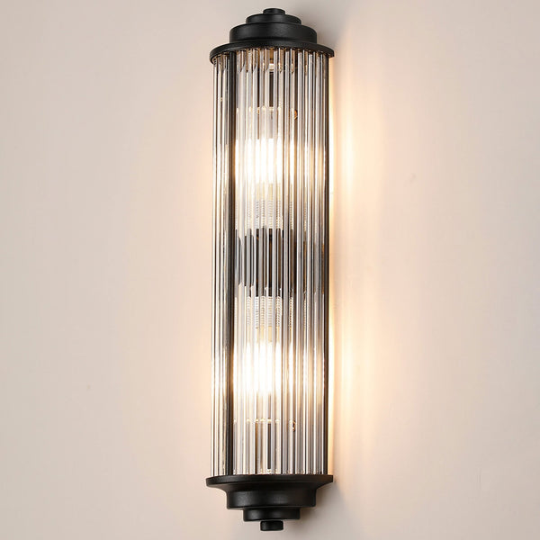 Tansley G9 Twin Lamp IP44 Flush Wall Light in Satin Black with Clear Glass Rods