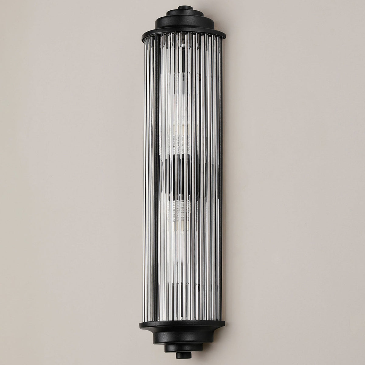Tansley G9 Twin Lamp IP44 Flush Wall Light in Satin Black with Clear Glass Rods