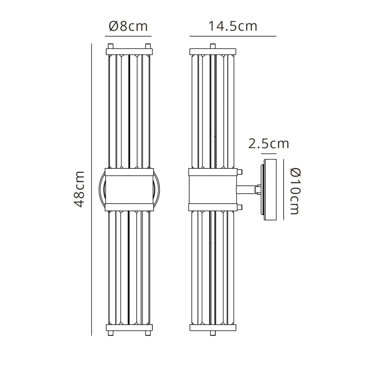 A technical drawing detailing the dimensions of the modern brass and fluted glass wall light.