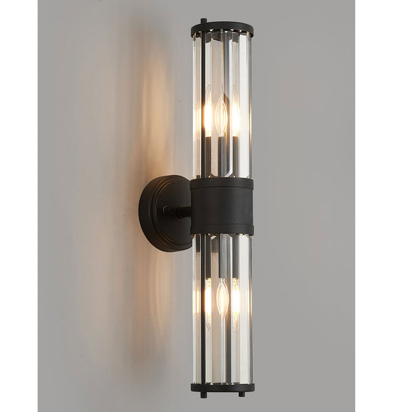 Caistor IP44 Up & Down Wall Light in Satin Black with Clear Crystal Rods