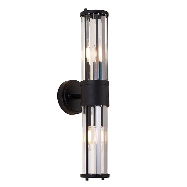 Caistor IP44 Up & Down Wall Light in Satin Black with Clear Crystal Rods