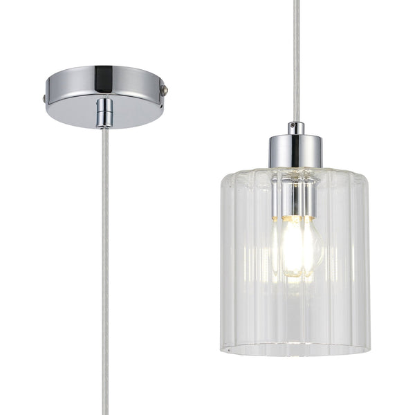 Tutbury IP44 Single Drop Pendant with Chrome Metalwork and Clear Ripple Glass Shade