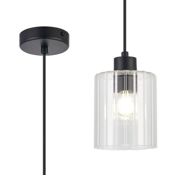 Tutbury IP44 Single Drop Pendant with Black Metalwork and Clear Ripple Glass Shade