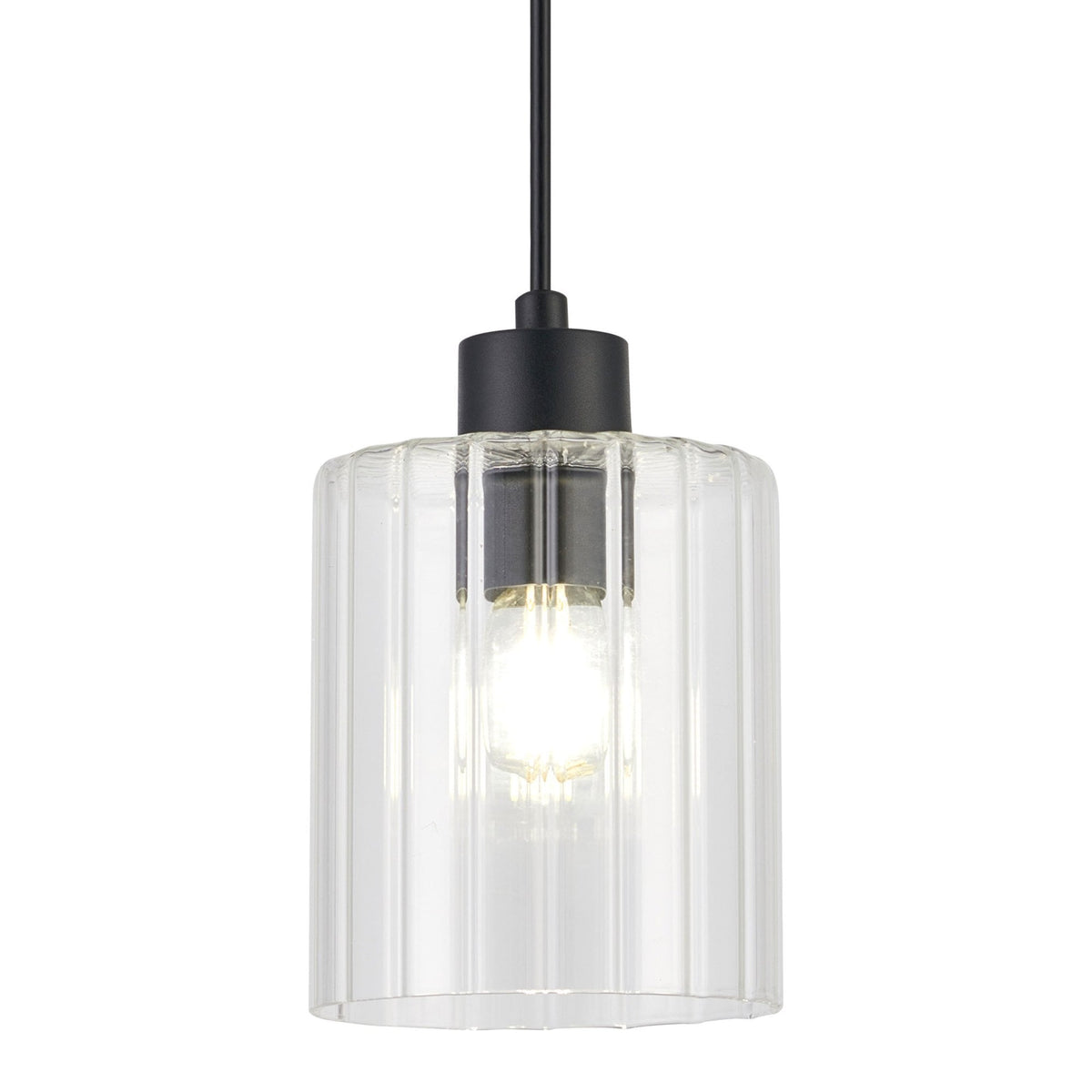 Tutbury IP44 Single Drop Pendant with Black Metalwork and Clear Ripple Glass Shade