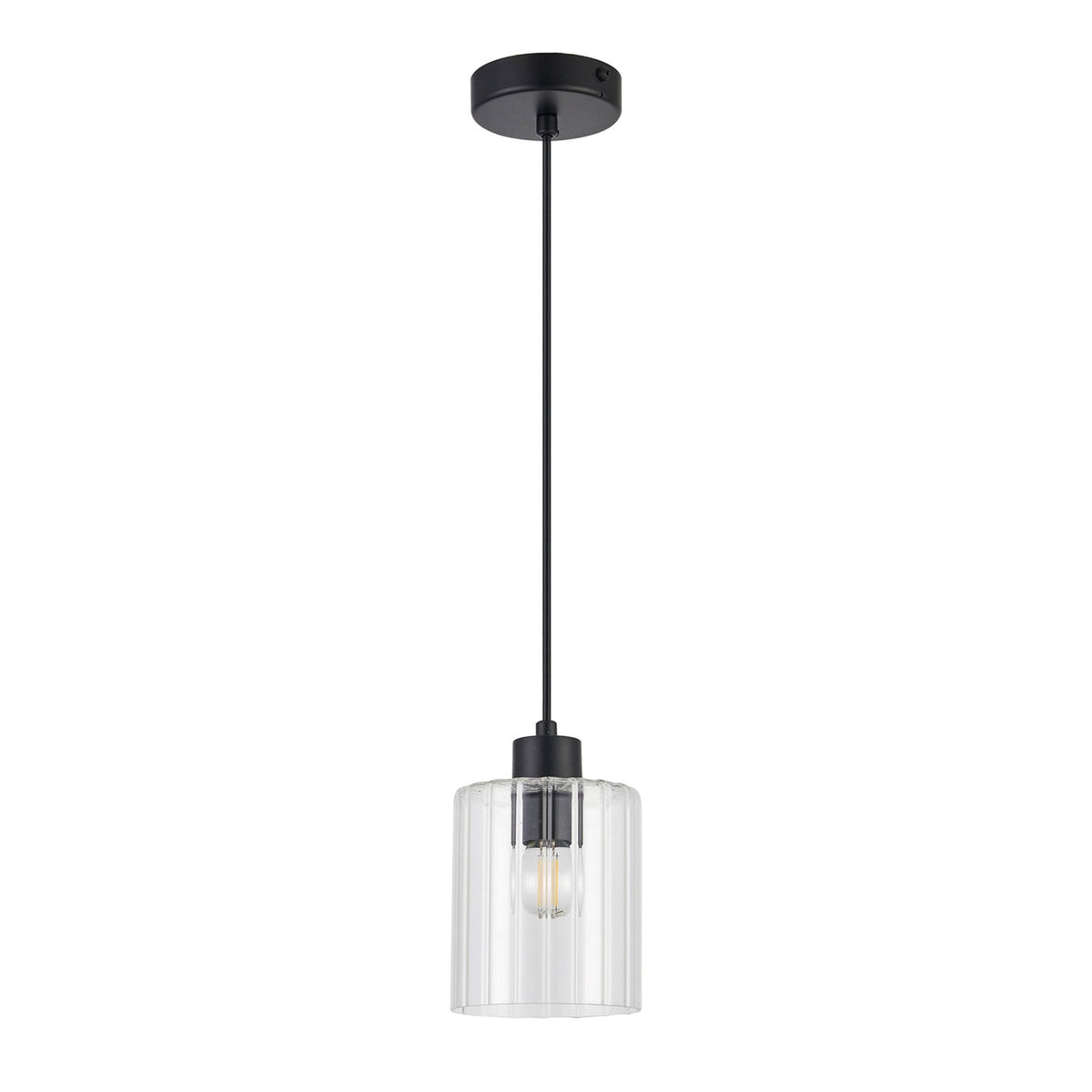 Tutbury IP44 Single Drop Pendant with Black Metalwork and Clear Ripple Glass Shade