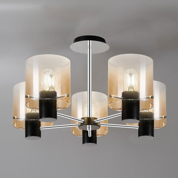 Belstone 5 Light Semi Flush Ceiling Light in Black & Chrome with Amber Fade Glass
