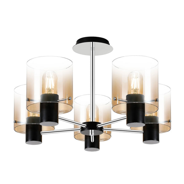 Belstone 5 Light Semi Flush Ceiling Light in Black & Chrome with Amber Fade Glass