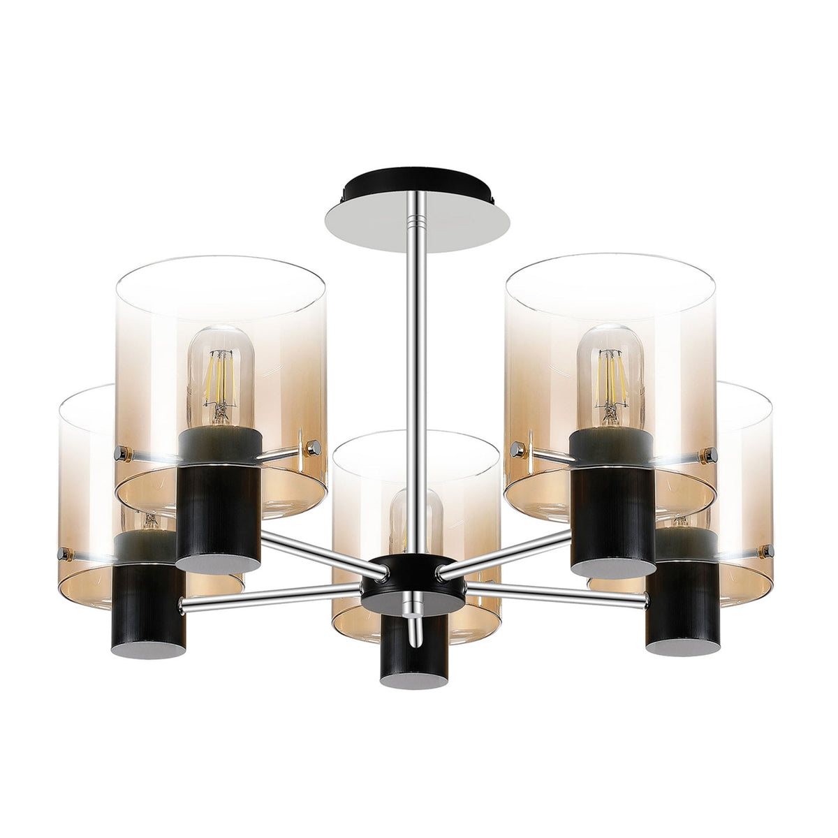Belstone 5 Light Semi Flush Ceiling Light in Black & Chrome with Amber Fade Glass