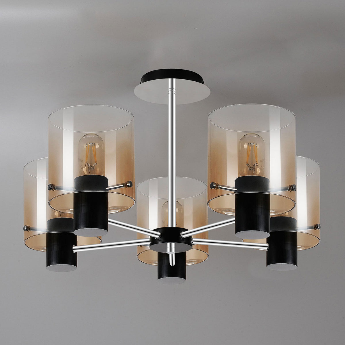 Belstone 5 Light Semi Flush Ceiling Light in Black & Chrome with Amber Fade Glass