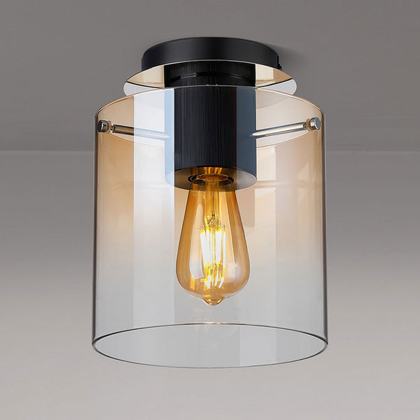 Belstone Round Flush Ceiling Light in Black & Chrome with Amber Fade Glass