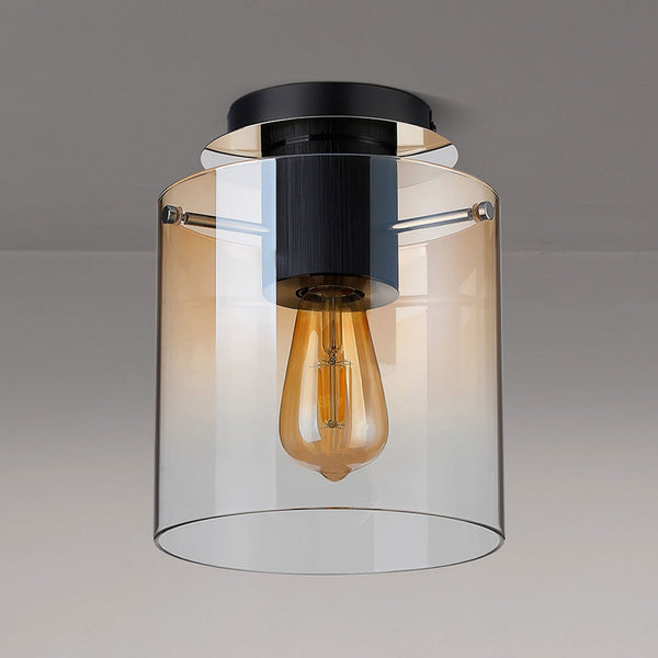 Belstone Round Flush Ceiling Light in Black & Chrome with Amber Fade Glass