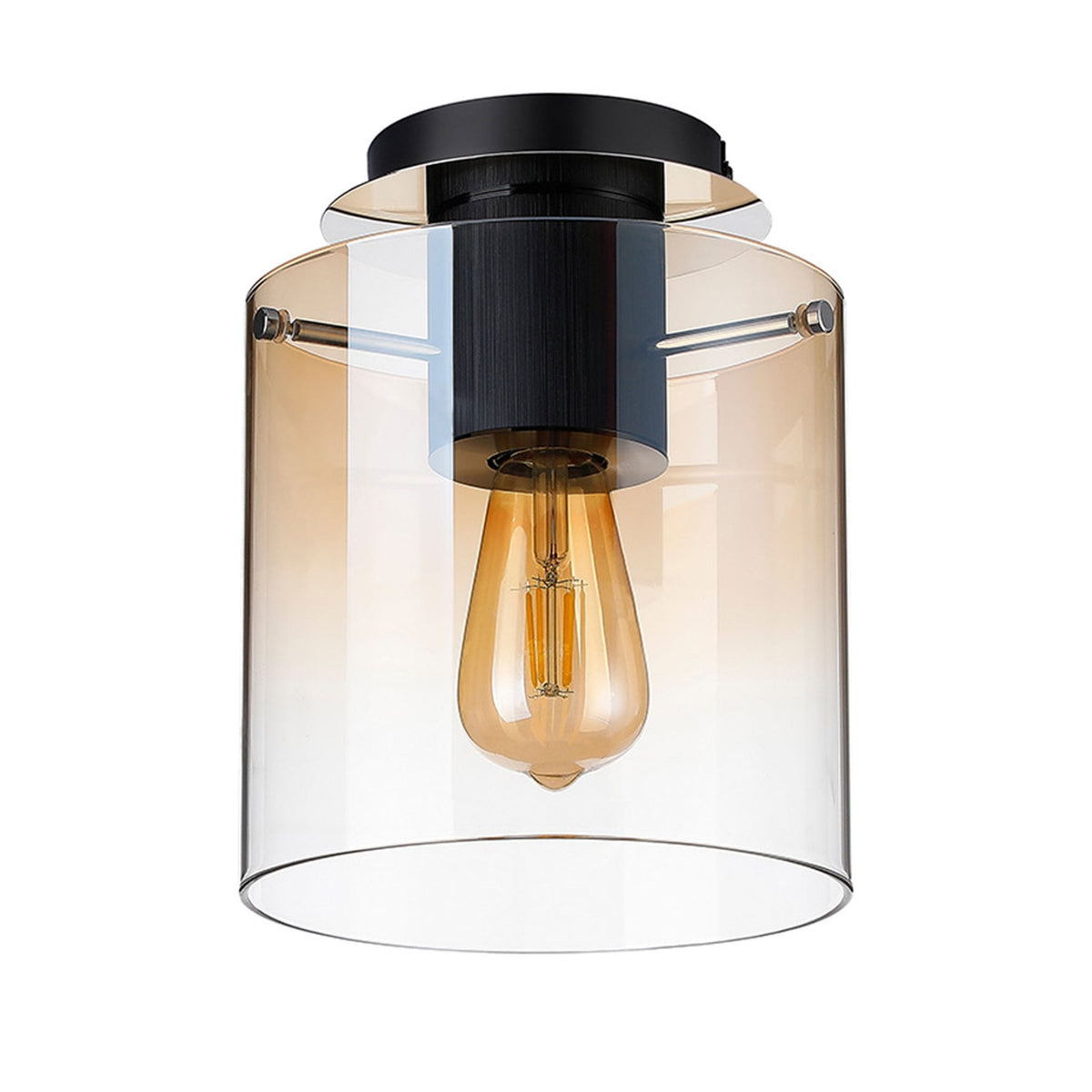 Belstone Round Flush Ceiling Light in Black & Chrome with Amber Fade Glass