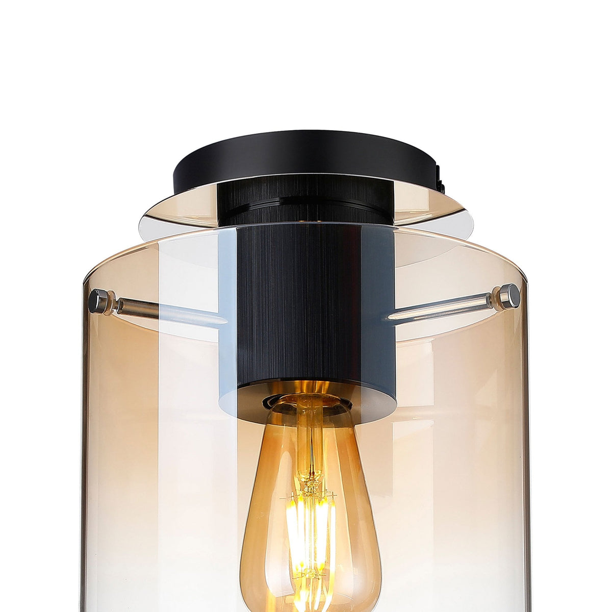 Belstone Round Flush Ceiling Light in Black & Chrome with Amber Fade Glass