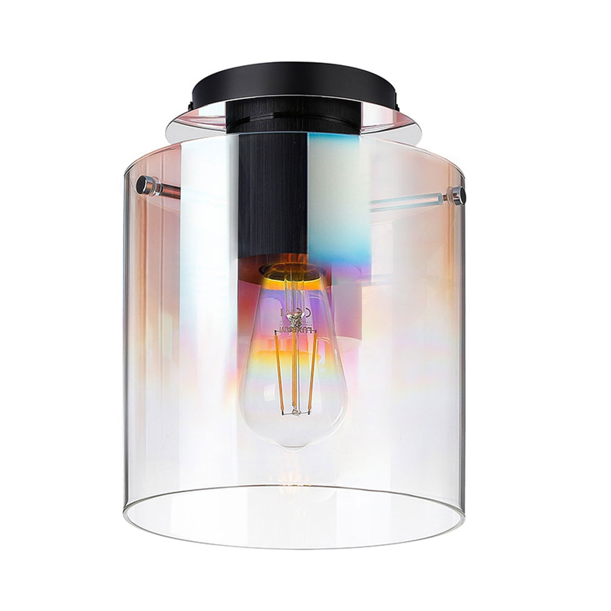 Belstone Round Flush Ceiling Light in Black & Chrome with Iridescent Fade Glass