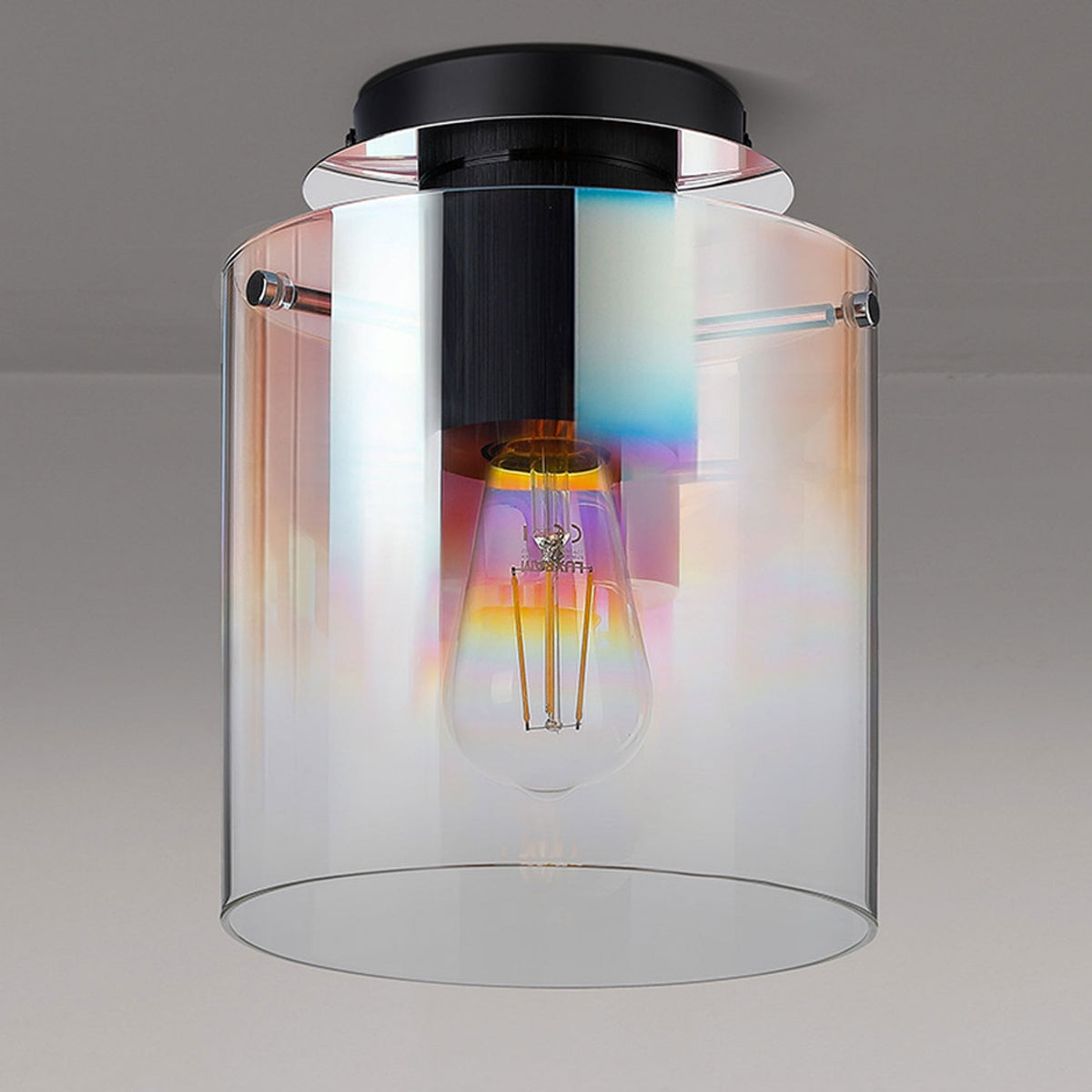 Belstone Round Flush Ceiling Light in Black & Chrome with Iridescent Fade Glass