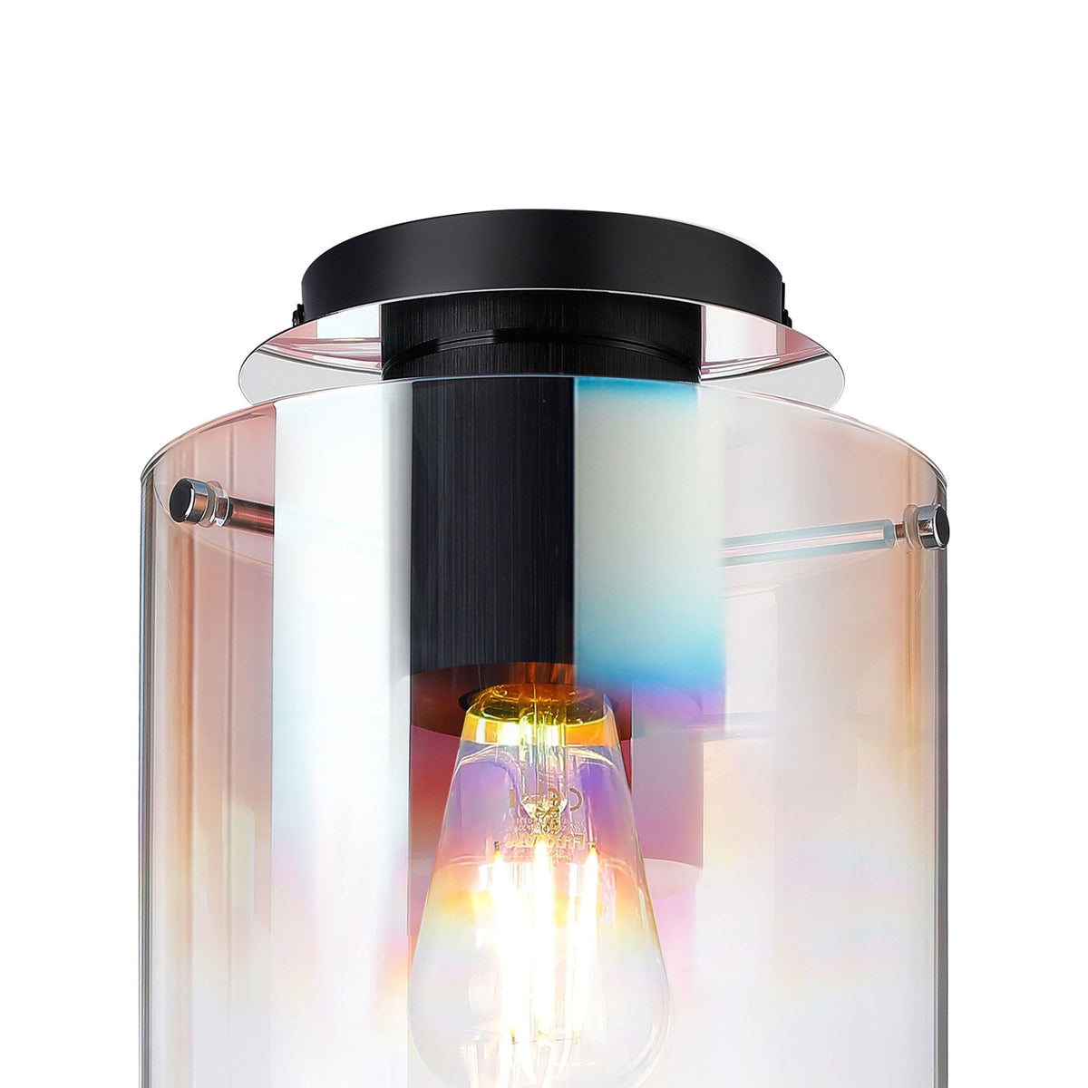 Belstone Round Flush Ceiling Light in Black & Chrome with Iridescent Fade Glass