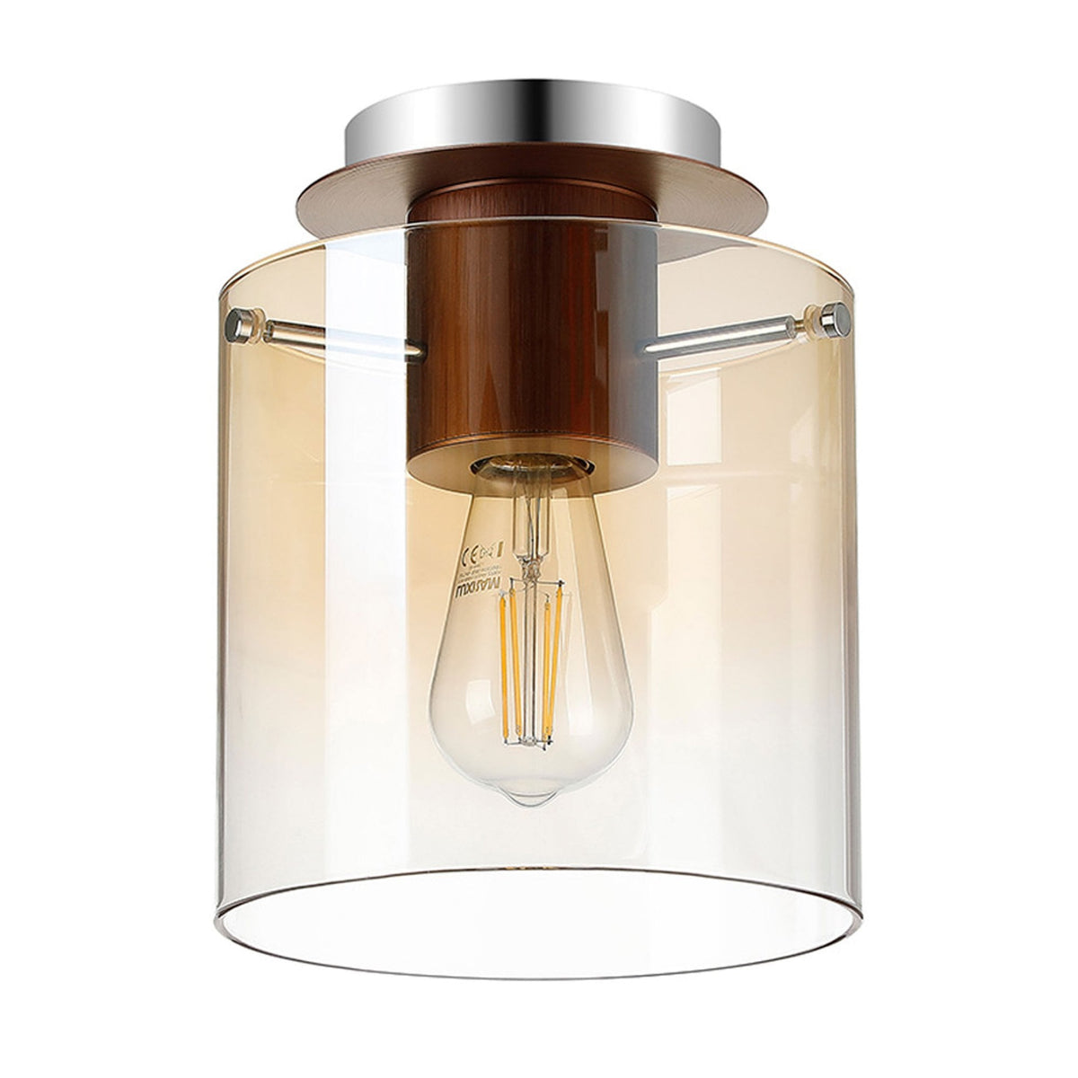 A close-up of a ceiling light with a clear, cylindrical amber-tinted glass shade.