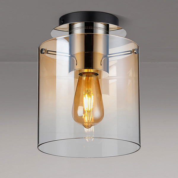 Belstone Round Flush Ceiling Light in Polished Nickel & Black with Amber Fade Glass