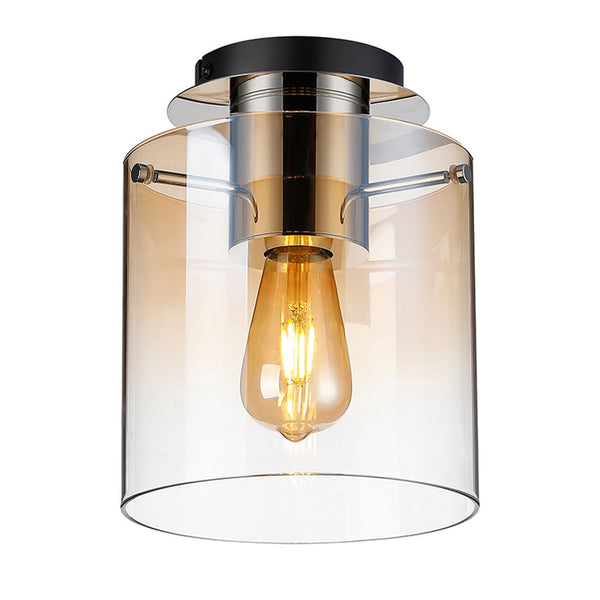 Belstone Round Flush Ceiling Light in Polished Nickel & Black with Amber Fade Glass