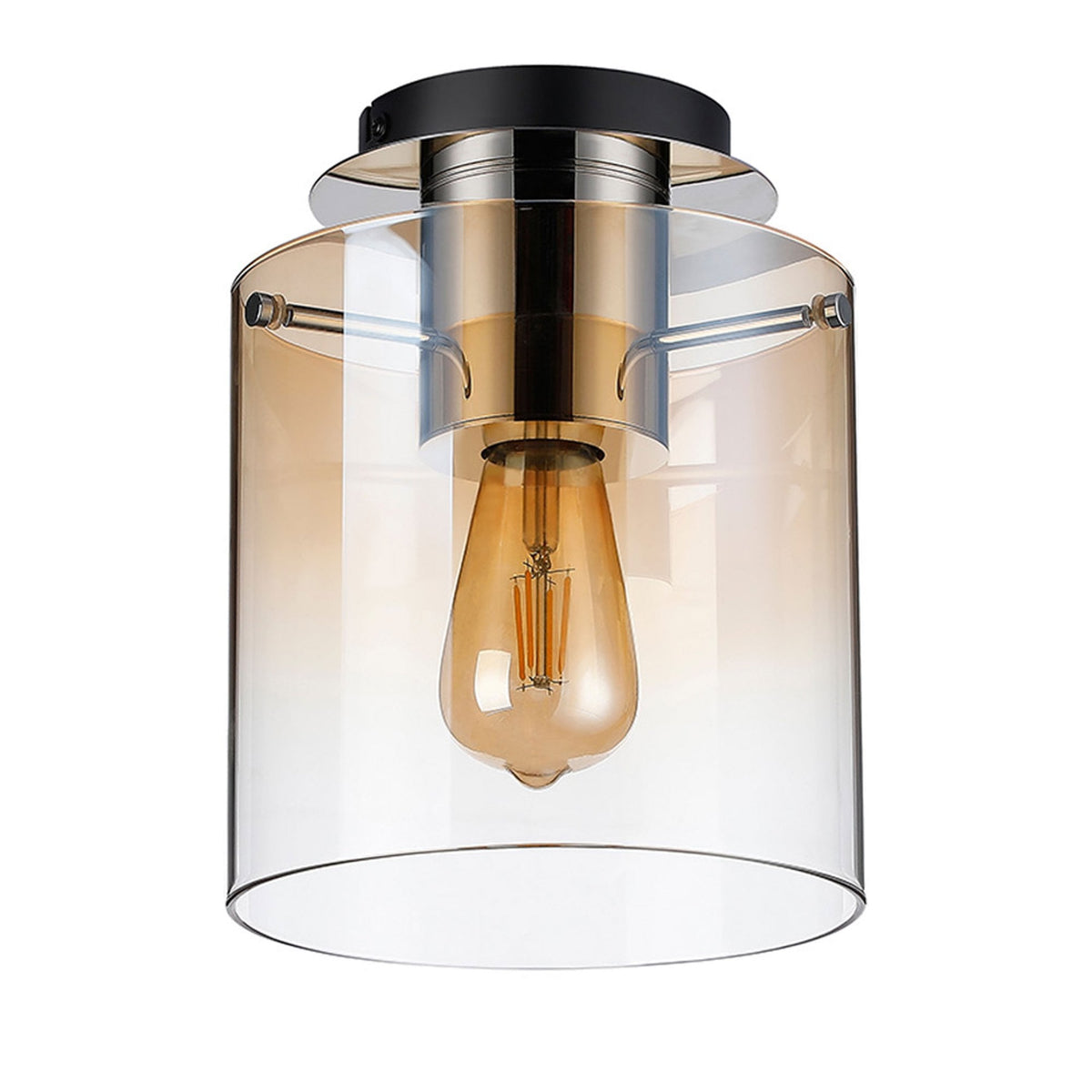 Belstone Round Flush Ceiling Light in Polished Nickel & Black with Amber Fade Glass