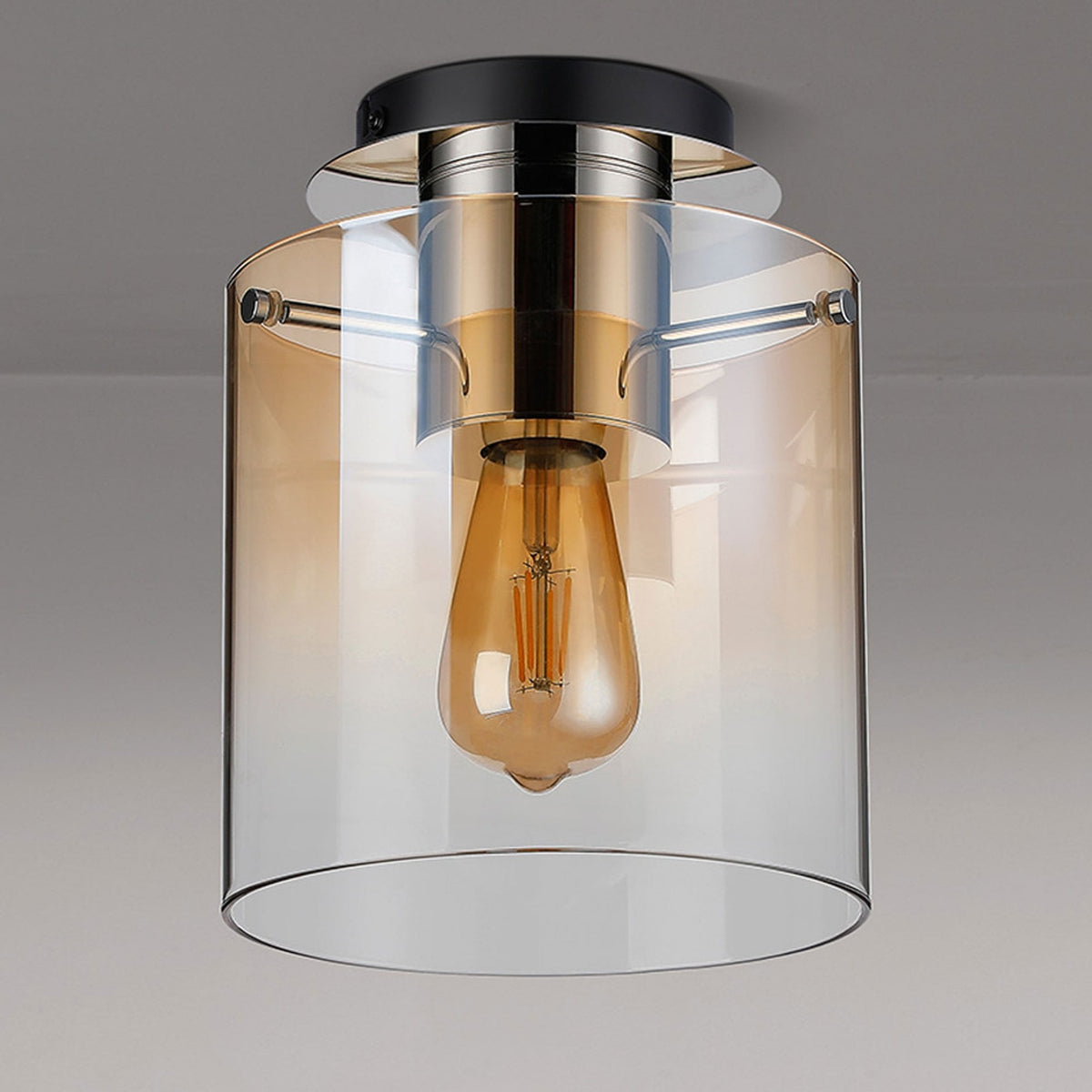 Belstone Round Flush Ceiling Light in Polished Nickel & Black with Amber Fade Glass