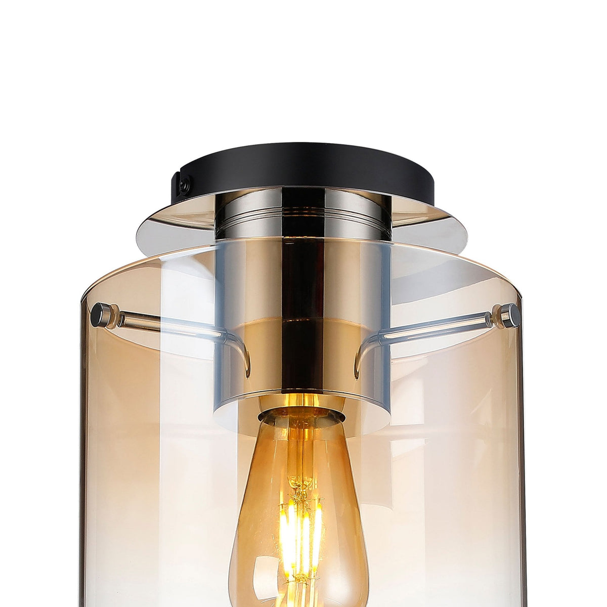 Belstone Round Flush Ceiling Light in Polished Nickel & Black with Amber Fade Glass