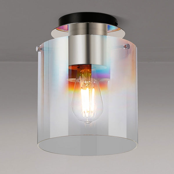 Belstone Round Flush Ceiling Light in Polished Nickel & Black with Iridescent Fade Glass