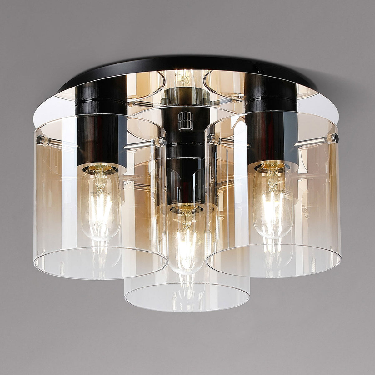 Belstone Triple Round Flush Ceiling Light in Black & Chrome with Amber Fade Glass