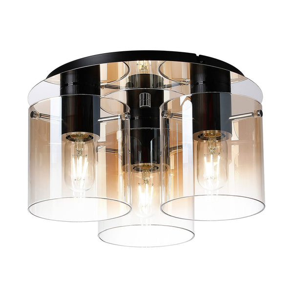 Belstone Triple Round Flush Ceiling Light in Black & Chrome with Amber Fade Glass