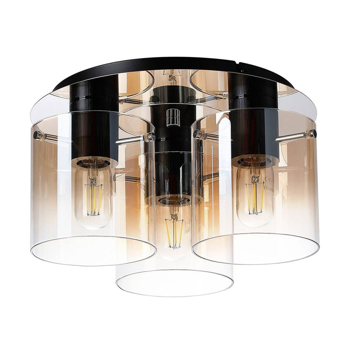 Belstone Triple Round Flush Ceiling Light in Black & Chrome with Amber Fade Glass