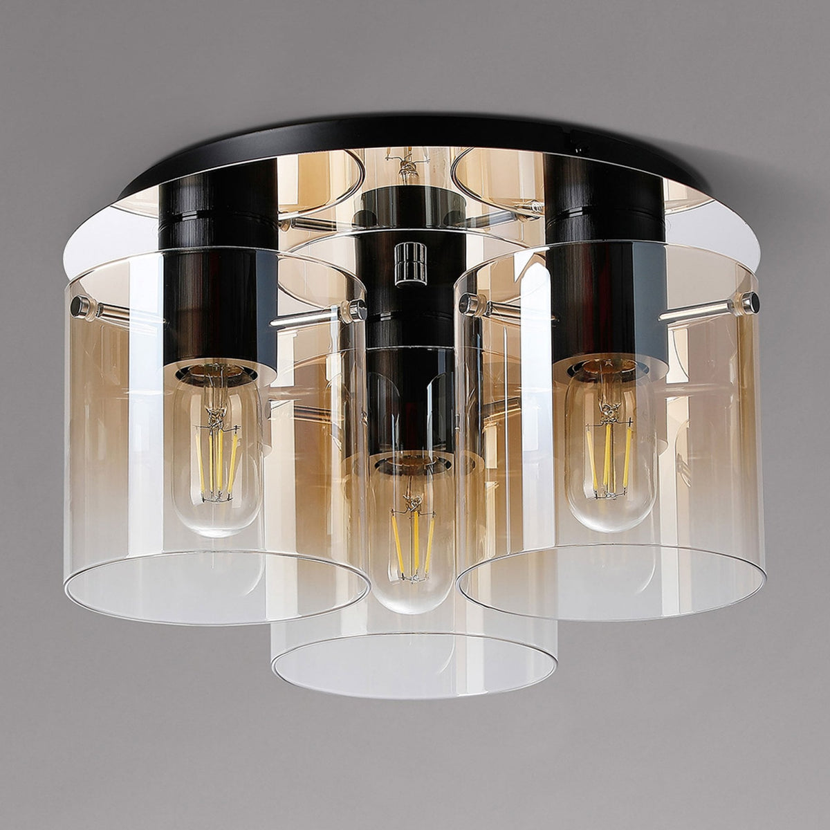 Belstone Triple Round Flush Ceiling Light in Black & Chrome with Amber Fade Glass