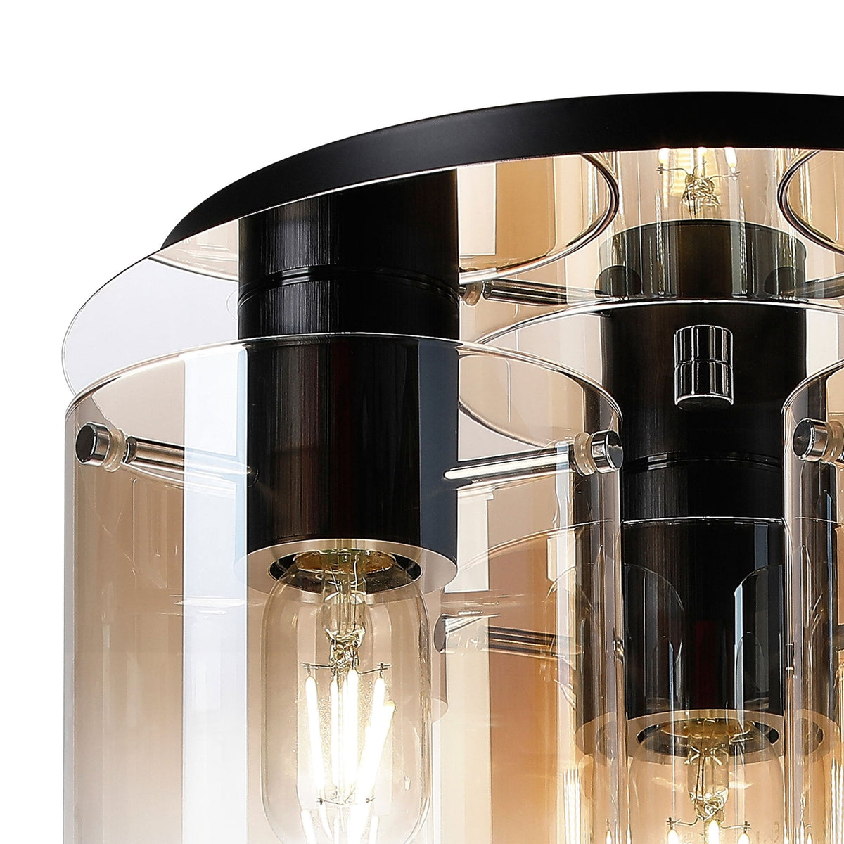 Belstone Triple Round Flush Ceiling Light in Black & Chrome with Amber Fade Glass