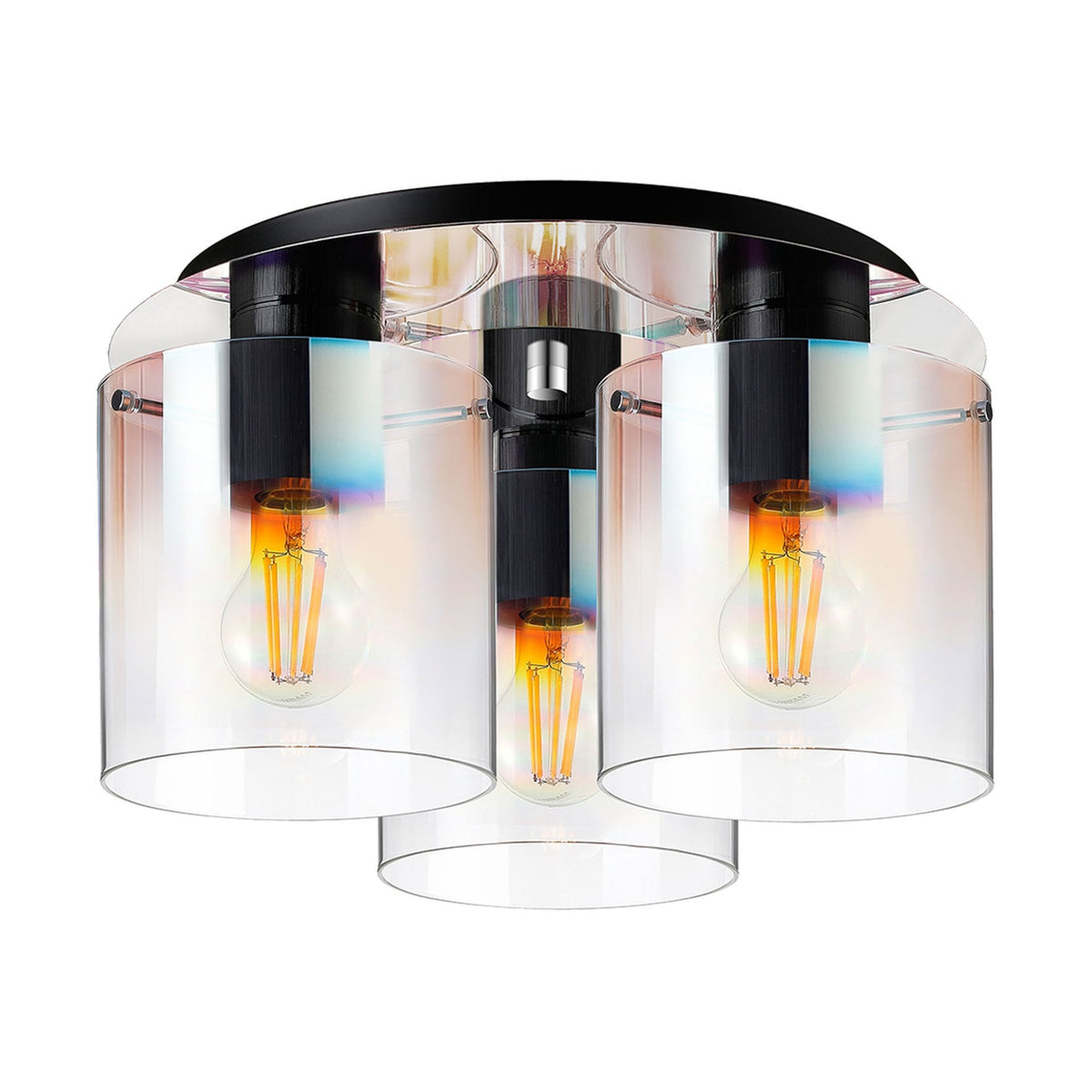 Contemporary ceiling lamp featuring three exposed filament bulbs within clear glass shades.