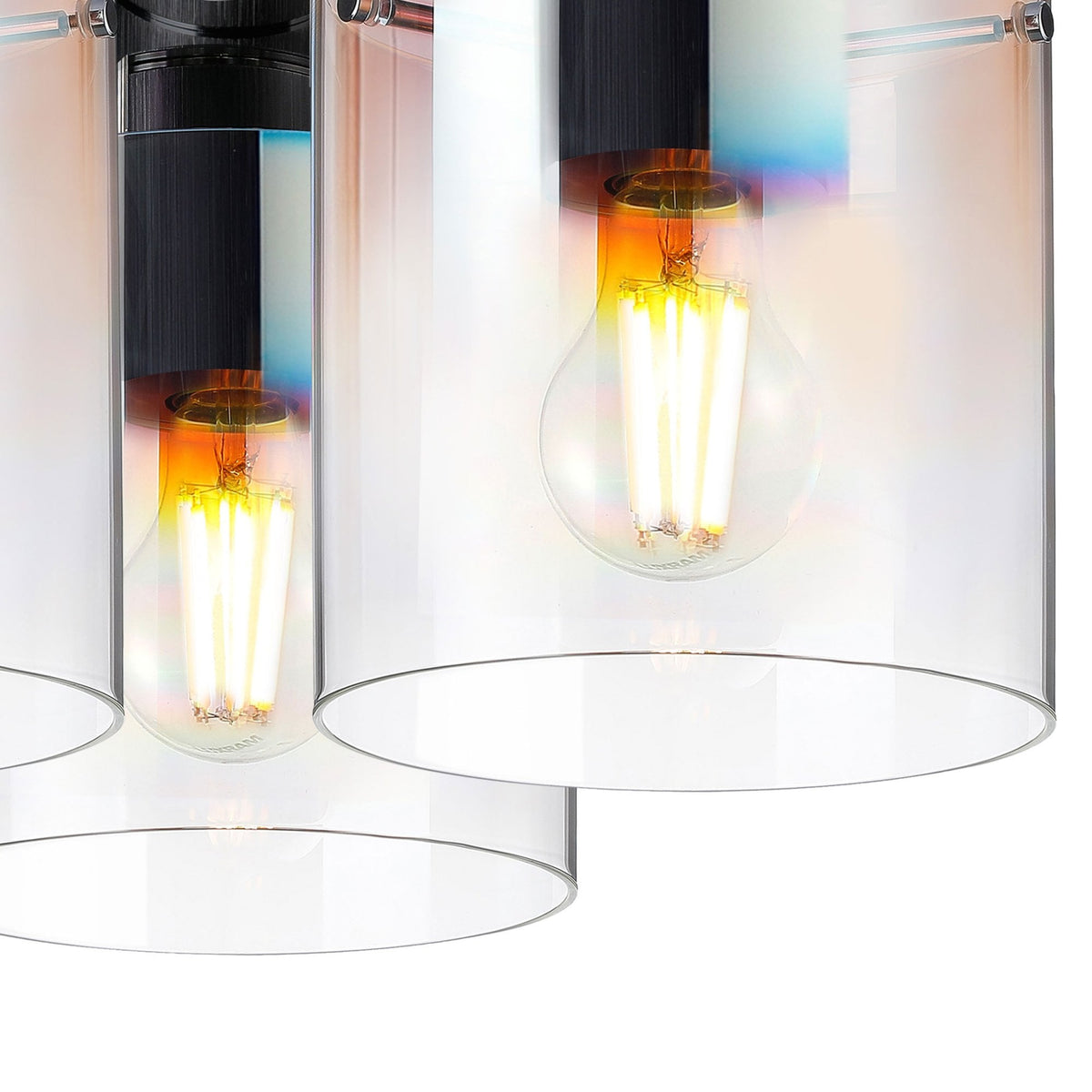 Close-up of a modern ceiling light's clear glass shade with an illuminated filament bulb.