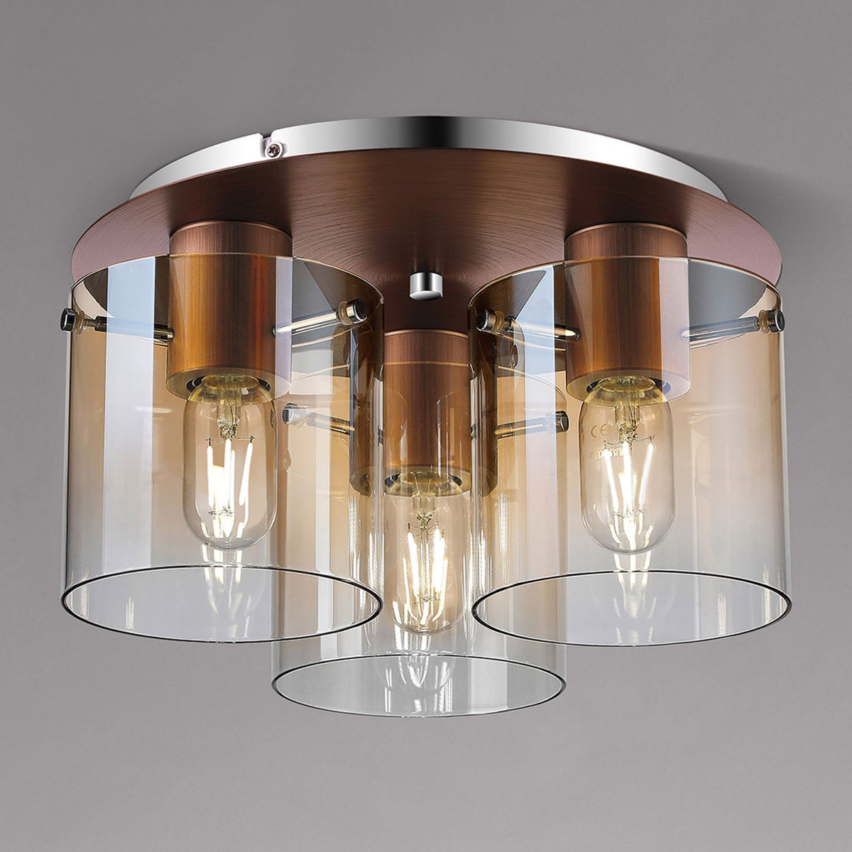 Belstone Triple Round Flush Ceiling Light in Mocha with Amber Fade Glass