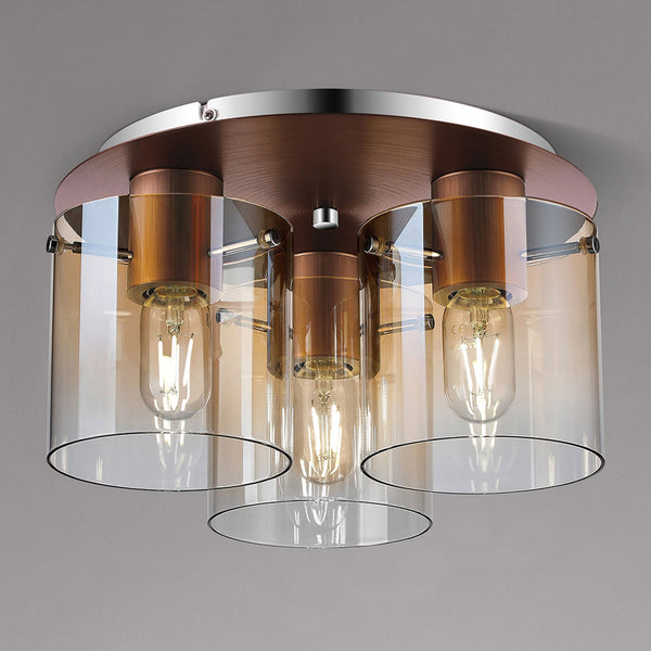 Belstone Triple Round Flush Ceiling Light in Mocha with Amber Fade Glass