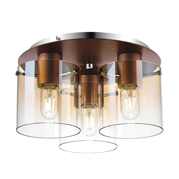 Belstone Triple Round Flush Ceiling Light in Mocha with Amber Fade Glass