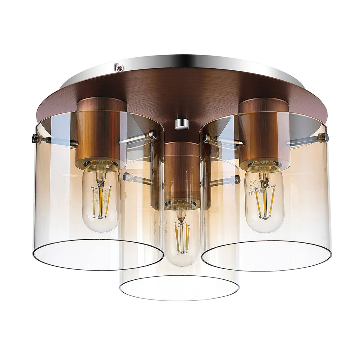 Belstone Triple Round Flush Ceiling Light in Mocha with Amber Fade Glass