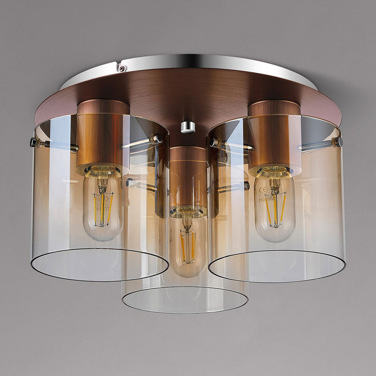 Belstone Triple Round Flush Ceiling Light in Mocha with Amber Fade Glass