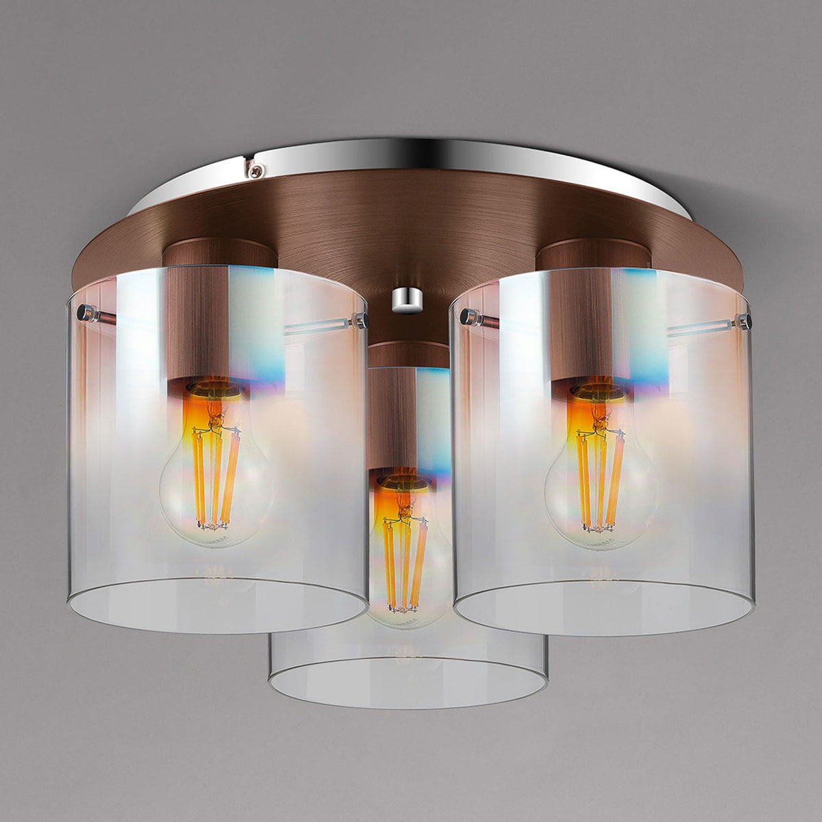 Belstone Triple Round Flush Ceiling Light in Mocha with Iridescent Fade Glass