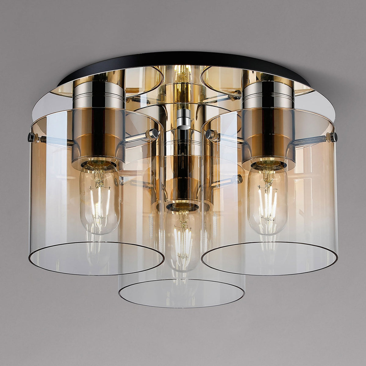 Belstone Triple Round Flush Ceiling Light in Polished Nickel & Black with Amber Fade Glass