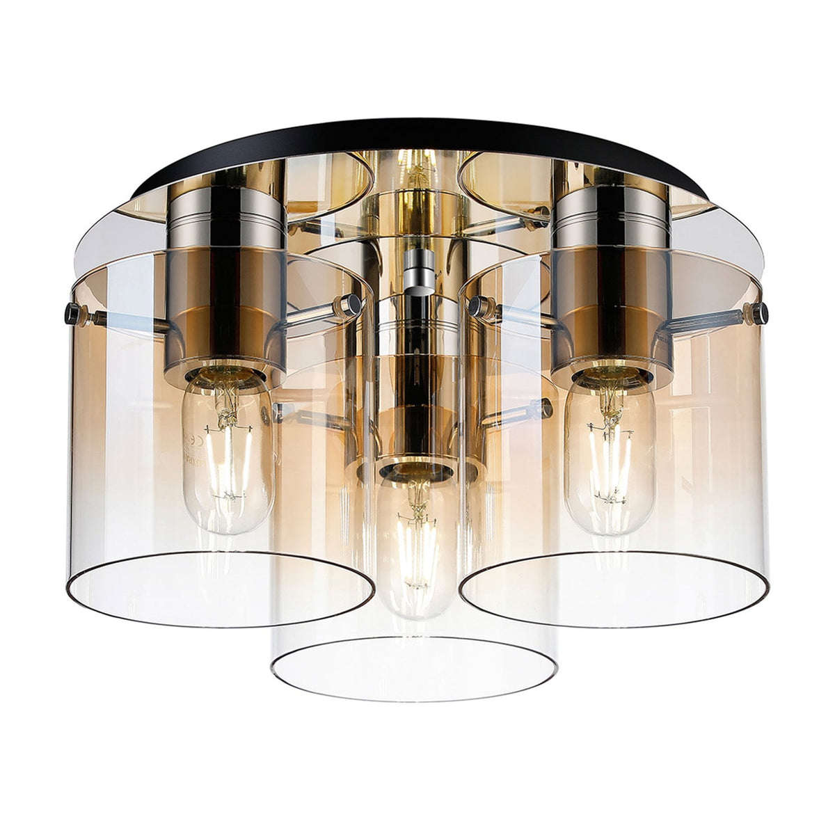 Belstone Triple Round Flush Ceiling Light in Polished Nickel & Black with Amber Fade Glass