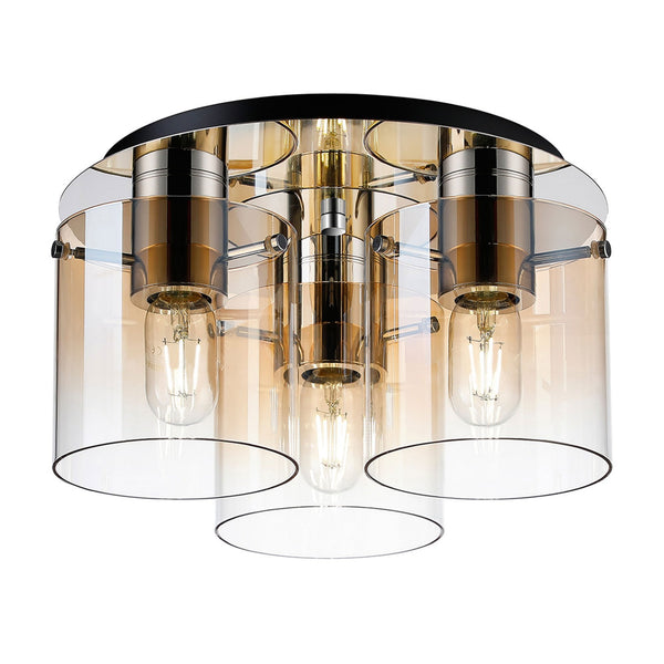 Belstone Triple Round Flush Ceiling Light in Polished Nickel & Black with Amber Fade Glass