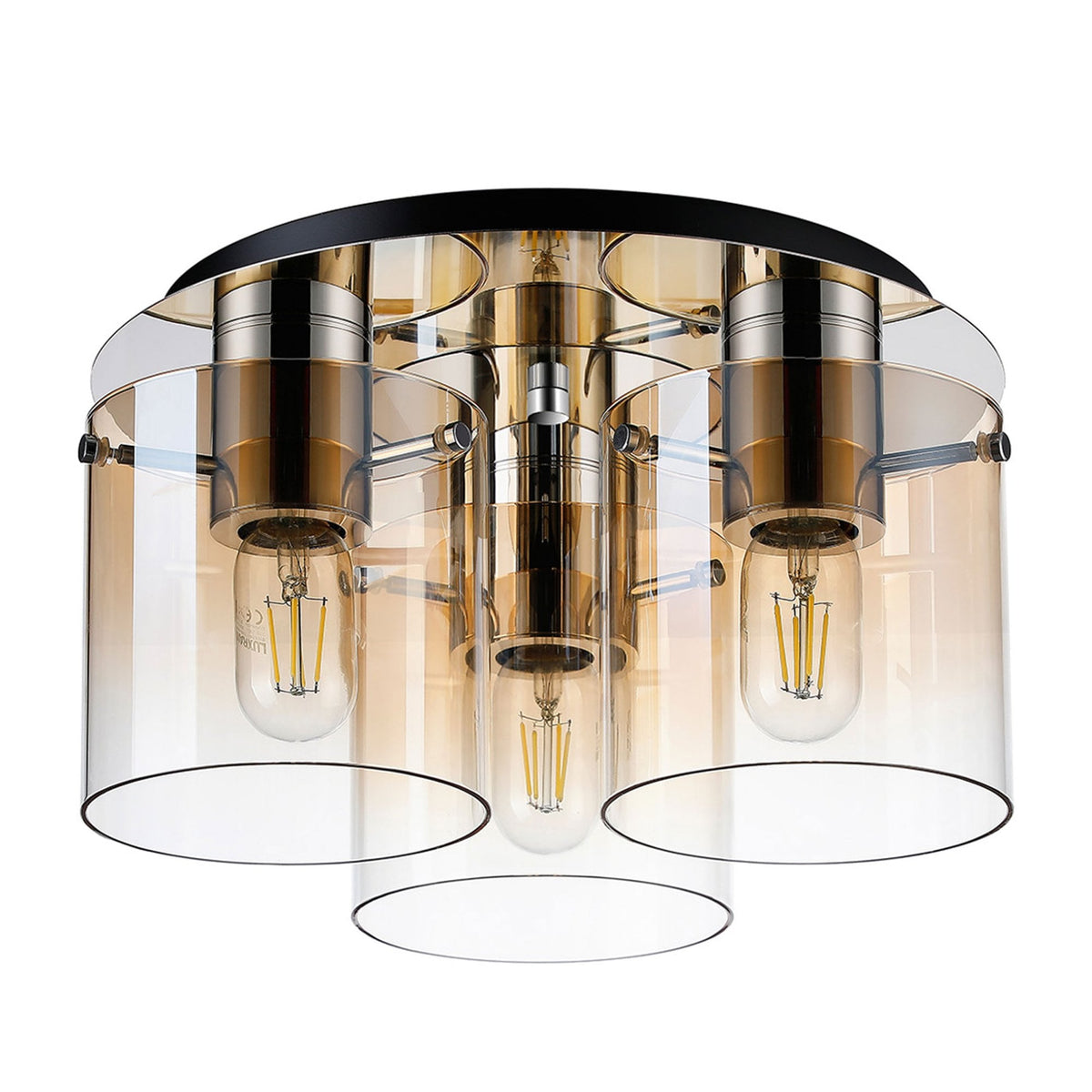 Belstone Triple Round Flush Ceiling Light in Polished Nickel & Black with Amber Fade Glass