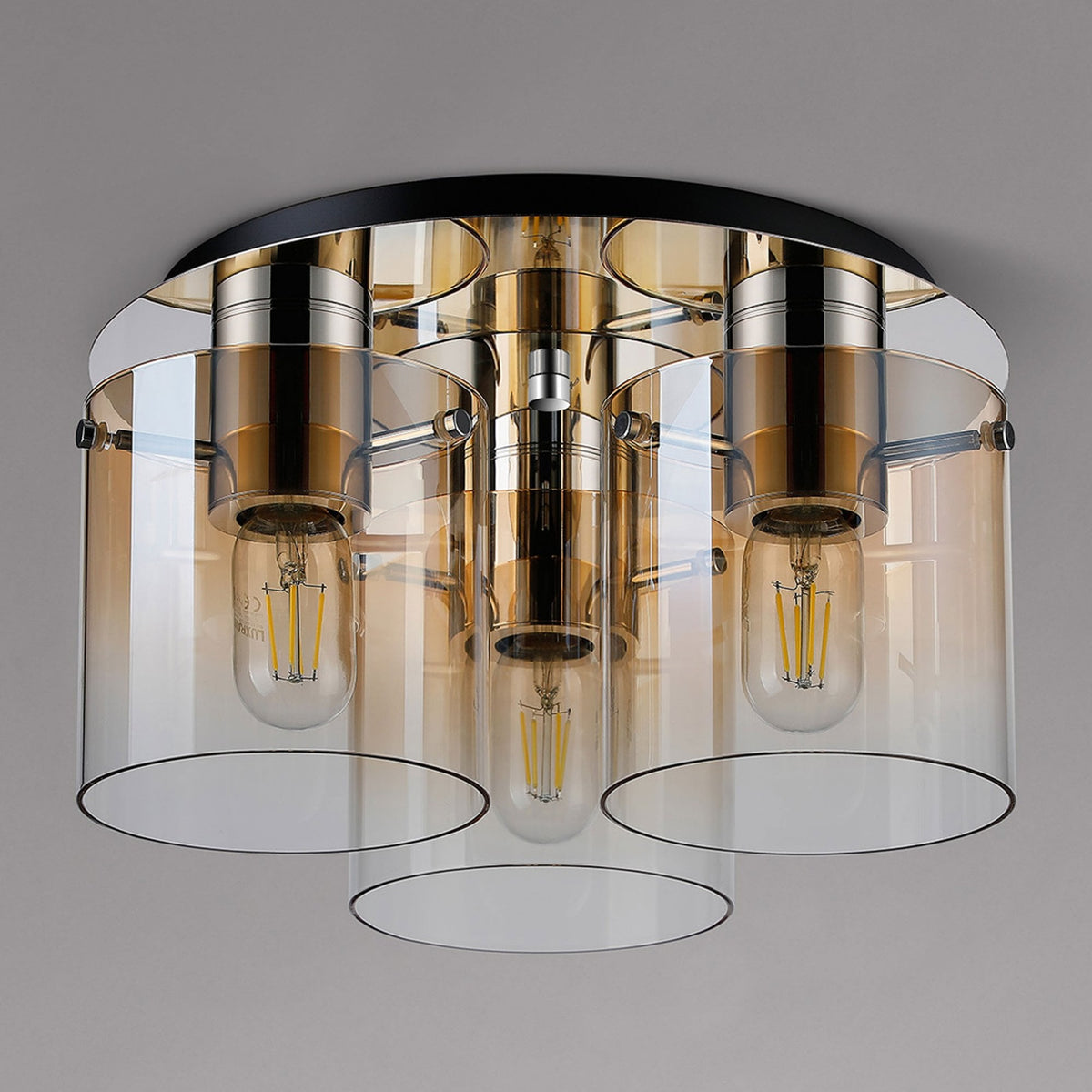 Belstone Triple Round Flush Ceiling Light in Polished Nickel & Black with Amber Fade Glass