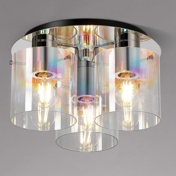 Belstone Triple Round Flush Ceiling Light in Polished Nickel & Black with Iridescent Fade Glass