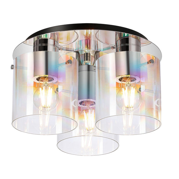Belstone Triple Round Flush Ceiling Light in Polished Nickel & Black with Iridescent Fade Glass