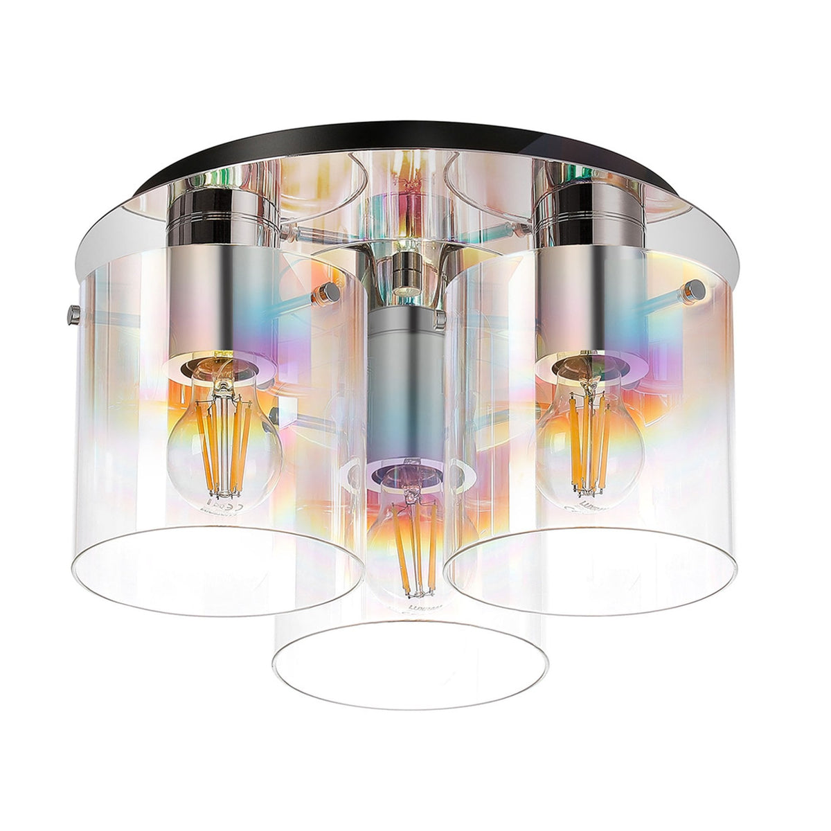 Belstone Triple Round Flush Ceiling Light in Polished Nickel & Black with Iridescent Fade Glass