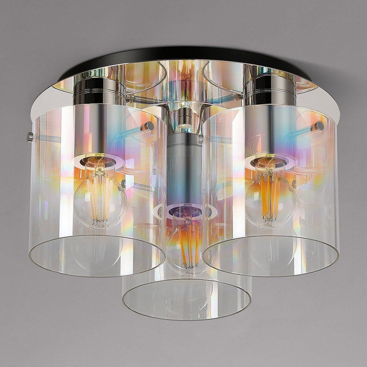 Belstone Triple Round Flush Ceiling Light in Polished Nickel & Black with Iridescent Fade Glass