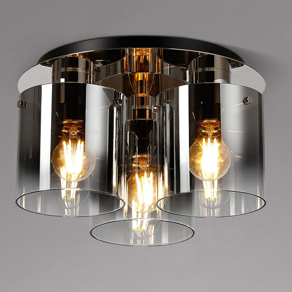 Belstone Triple Round Flush Ceiling Light in Polished Nickel & Black with Smoke Fade Glass